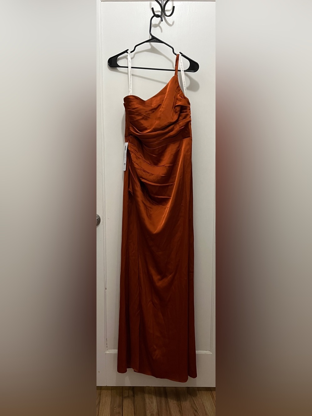 Azazie Eren Stretch Satin Asymmetrical Gown in Burnt Orange, size 8